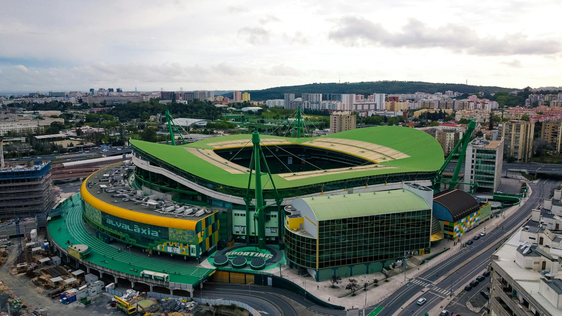 A stunning aerial shot of Estádio José Alvalade, home of Sporting CP, in Lisbon, Portugal.