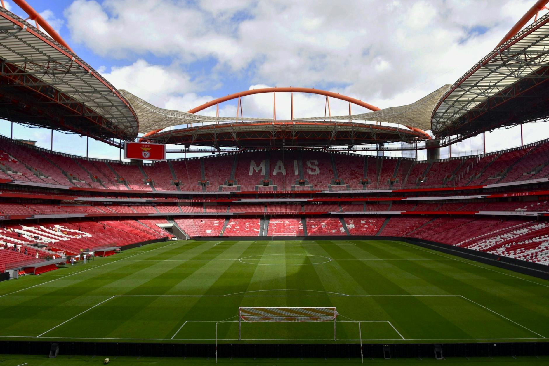 A panoramic view of the empty Estádio da Luz football stadium in Lisbon, Portugal.